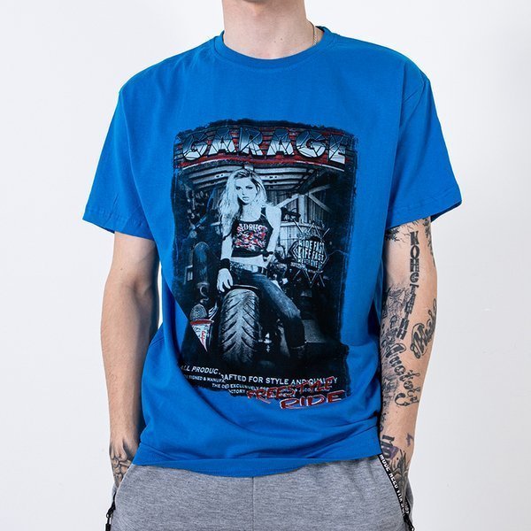 Blaues Baumwoll-T-Shirt für Herren, verziert mit dem Aufdruck und der Aufschrift - Kleidung