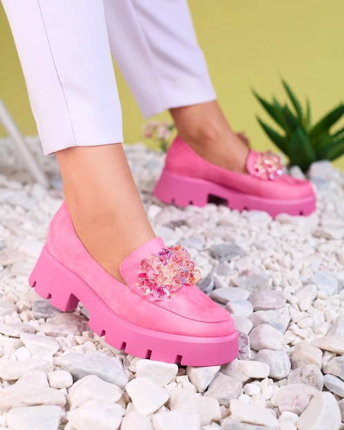 Мокасини жіночі OUTLET Royalfashion Fuchsia з різнокольоровими кристалами Crystal Glam