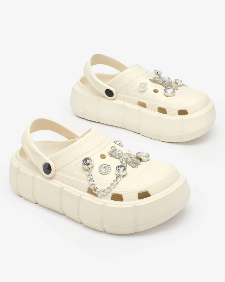 Royalfashion Cremefarbene durchbrochene Damen-Flip-Flops mit Zirkonia-Verzierungen Afuccia