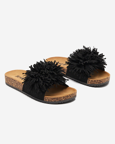 Damenhausschuhe mit Stoffverzierung in Schwarz Ailli- Footwear