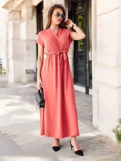 Royalfashion Damen-Midikleid mit Wickelausschnitt, kurzen Ärmeln und einem Gürtel