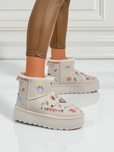 Lemuria Stiefeletten - Cremefarbene Doodle Schneestiefel mit dicker Furrini Sohle