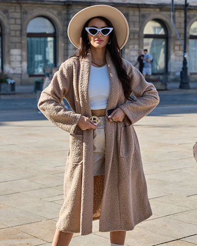 Royalfashion Blauer Damenmantel aus Schafsfell mit Gürtel