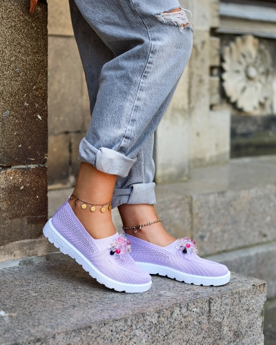 Royalfashion Lila Damen Stoff Mokassins mit Kristallen Fezens