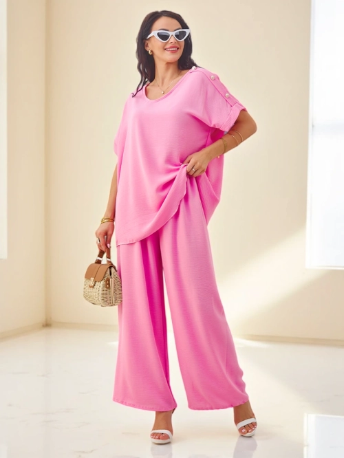 Royalfashion Жіночий бавовняний комплект з короткими рукавами та широкими штанами