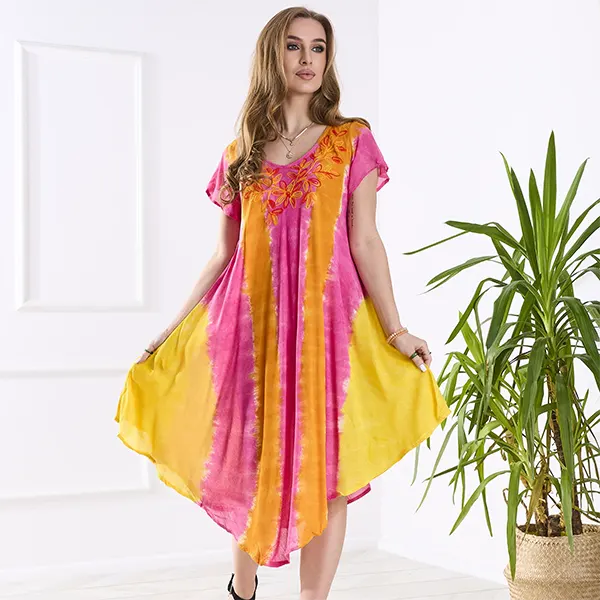 Orangefarbenes und rosafarbenes Damen-Strandkleid Narzutka- Kleidung