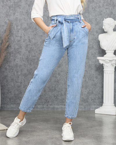 Blaue Mom-Jeans Paperbag mit hoher Taille - Kleidung