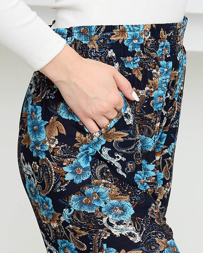 Marineblaue und türkise Damenhose mit Blumen PLUS SIZE - Kleidung