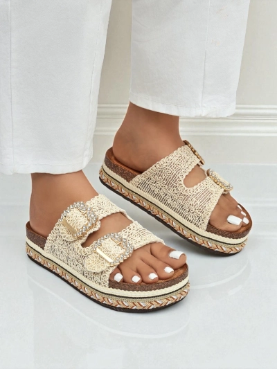 Royalfashion Damen-Pantoletten mit Strassschnallen GlamCork