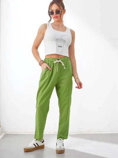 Royalfashion Damen schlichte Baumwollhosen mit einem Bindeband in der Taille