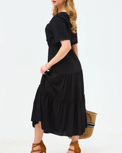 Schwarzes langes Damenkleid mit kurzen Ärmeln- Kleidung