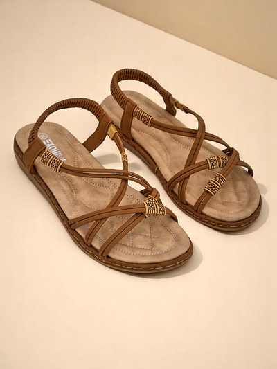 Sandały damskie Royalfashion Cressida camel płaski komfort skóra eco lato