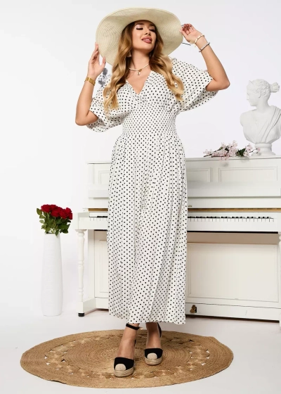 Білий довгий жіночий костюм в горох - Одяг