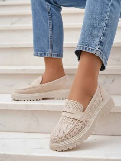 Damen Loafer Callista beige, Öko-Leder, flacher Absatz 4 cm