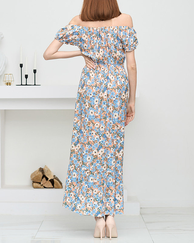 Langes orangefarbenes Sommerkleid für Damen mit blauen Blumen - Bekleidung