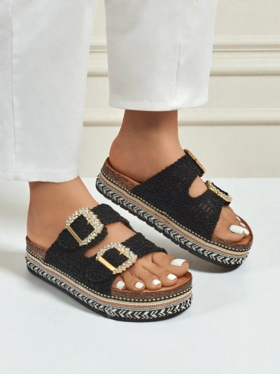 Royalfashion Damensandalen mit Strassschnallen GlamCork