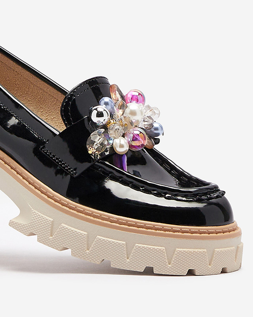 Чорні лаковані жіночі мокасини з орнаментом Leliab- Footwear