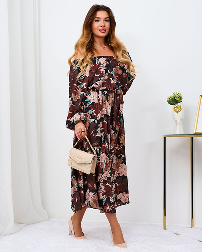 Royalfashion Schwarzes und braunes geblümtes Maxikleid für Damen