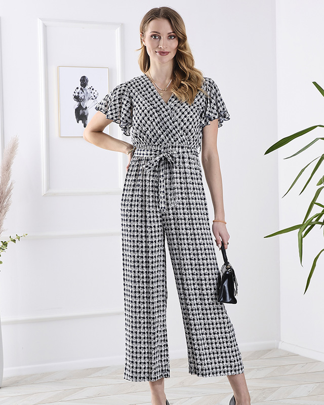 Gemusterter langer Damenanzug mit Bindeband in marineblau- Kleidung