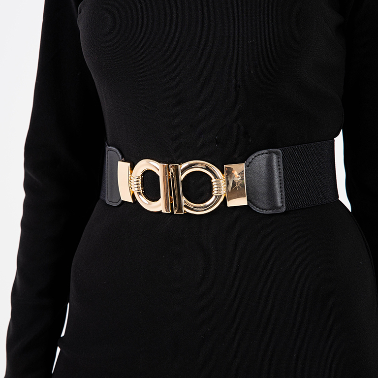 Schwarzer elastischer Gürtel mit dekorativer goldener Schnalle - Accessoires