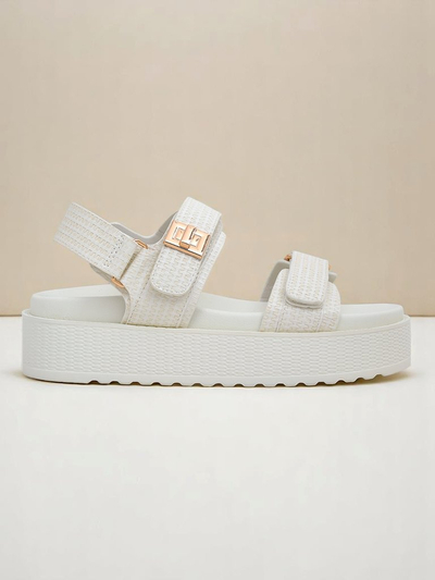 Royalfashion Kallisto – Weiße Damen Sandalen mit Plateau, Öko-Leder