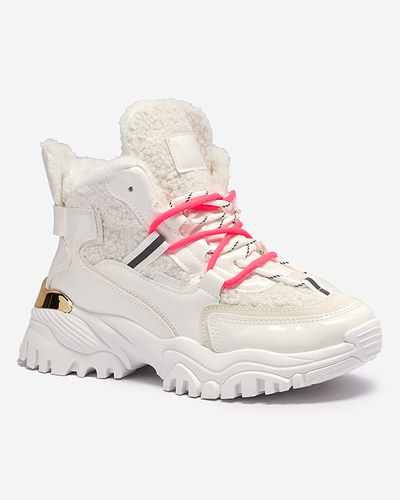 Weiße Damen-Sportschuhe mit Pelz und neonpinken Schnürsenkeln Sagglo- Footwear