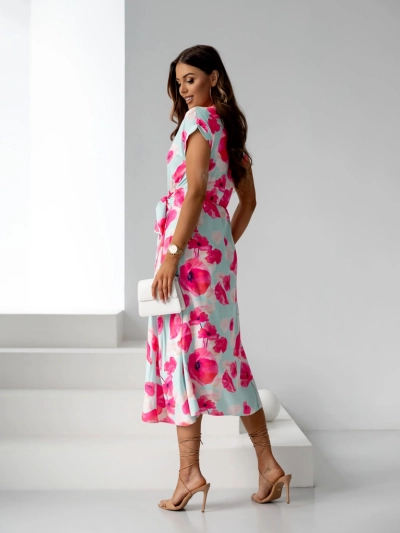 Royalfashion Damen-Midikleid mit kurzen Ärmeln, Wickelausschnitt in Frühlingsblumen