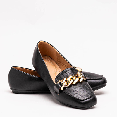 Schwarzer Damen-Mokassin mit Prägung und einer Kette an der Spitze - Schuhe