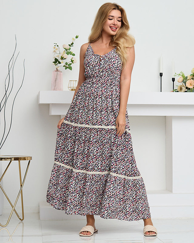 Langes rosa und schwarzes Damenkleid mit bunten Blumen - Kleidung