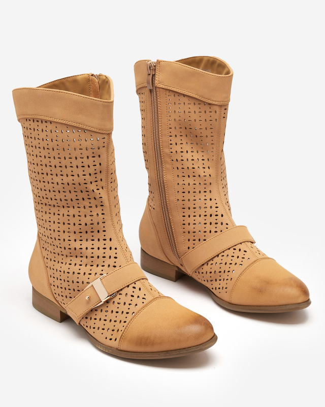 Kamelfarbene durchbrochene Stiefel mit flachem Absatz Weiluna - Footwear