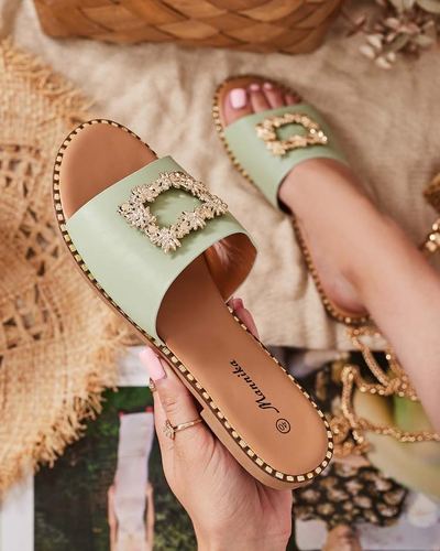 Grüne elegante Damenhausschuhe mit goldenen Verzierungen Meriso - Schuhe