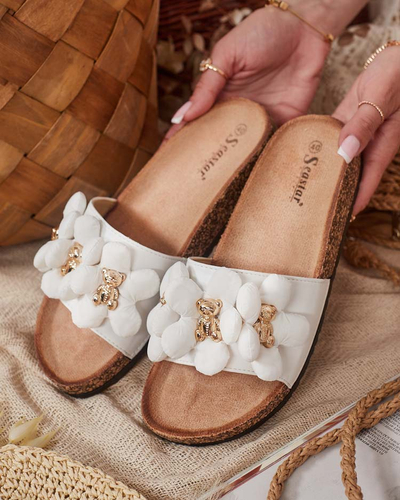 Royalfashion Damen Flip-Flops mit goldenen Teddybären und Blumen Isaralle