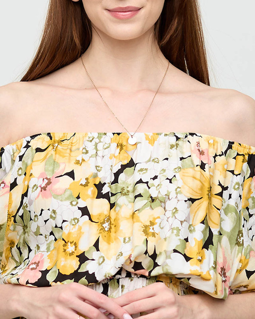 Жовта сукня довжиною до колін з різнокольоровим квітковим візерунком - Одяг