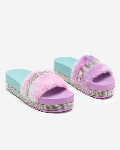 Violett-Mint Damenhausschuhe mit Fell und Zirkonia Zerika - Footwear