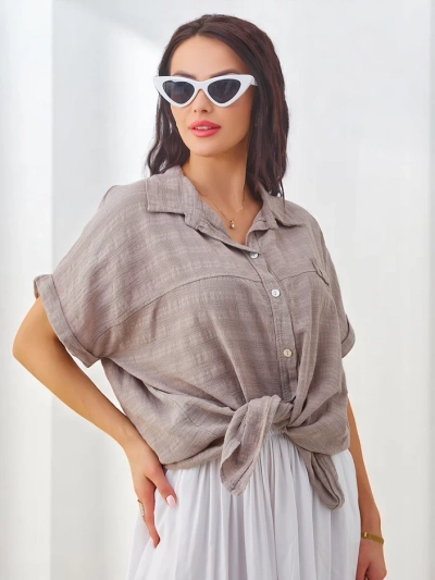 Royalfashion Damen Baumwollhemd mit Prägung und kurzen Ärmeln