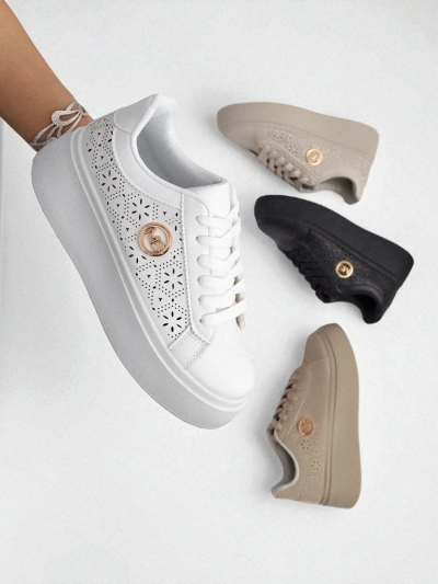 Damen Aelia Royalfashion Plateausneakers weiße Ajouré-Sneakers Ecru
