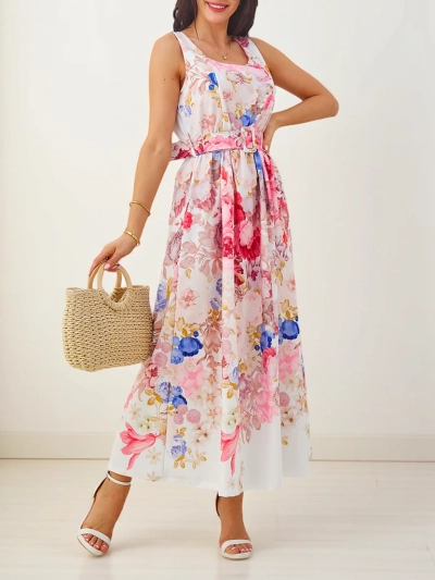 Royalfashion Damen Viskose-Midikleid mit Trägern, mit einem Gürtel in verschiedenen Blumen