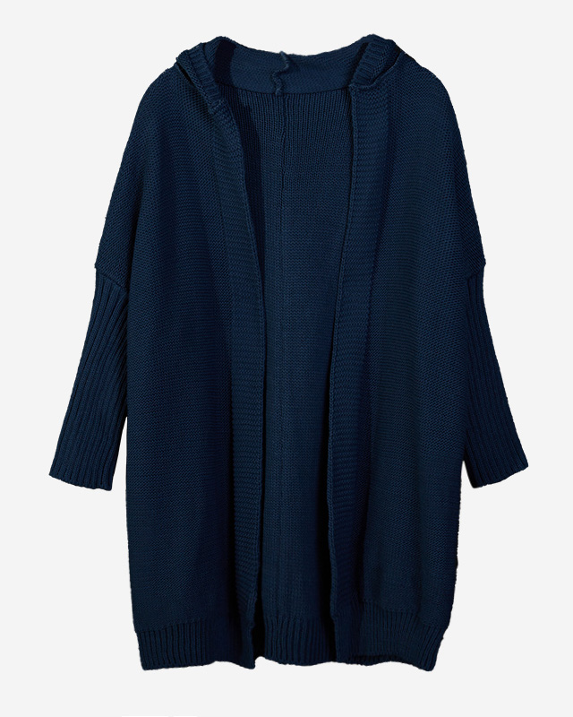Marineblauer langer Damen-Cardigan mit Kapuze - Kleidung