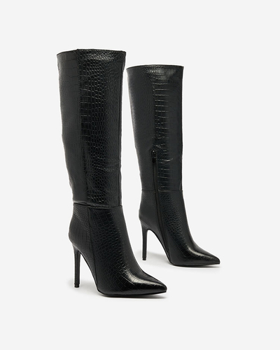 Royalfashion Schwarze Damenstiefel mit Stilettoabsatz und Prägung Stilvoll Elegant