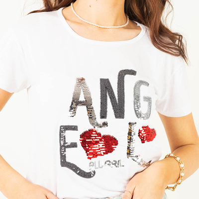 Weißes Damen-T-Shirt mit Paillettenaufschrift - Kleidung