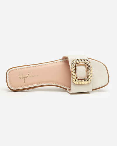 Beige Öko-Wildleder-Slipper für Damen mit goldener Schnalle Lozi - Footwear