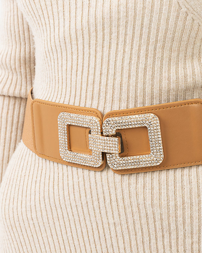Kamelfarbener elastischer Gürtel mit goldener Schnalle mit Zirkonia - Accessoires