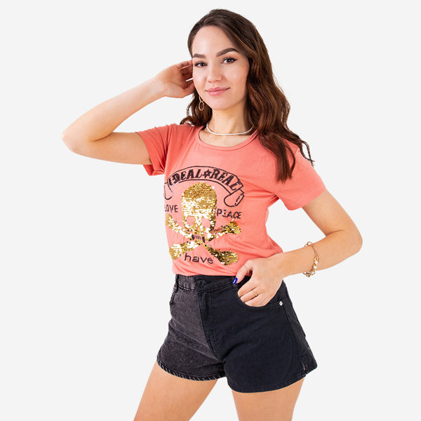 Orangefarbenes Damen-T-Shirt mit Pailletten und Aufschrift - Kleidung