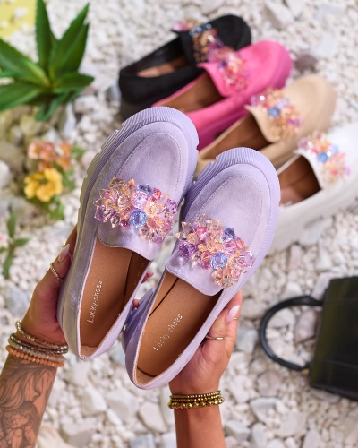 OUTLET Royalfashion Lila Damen Mokassins mit bunten Kristallen Crystal Glam