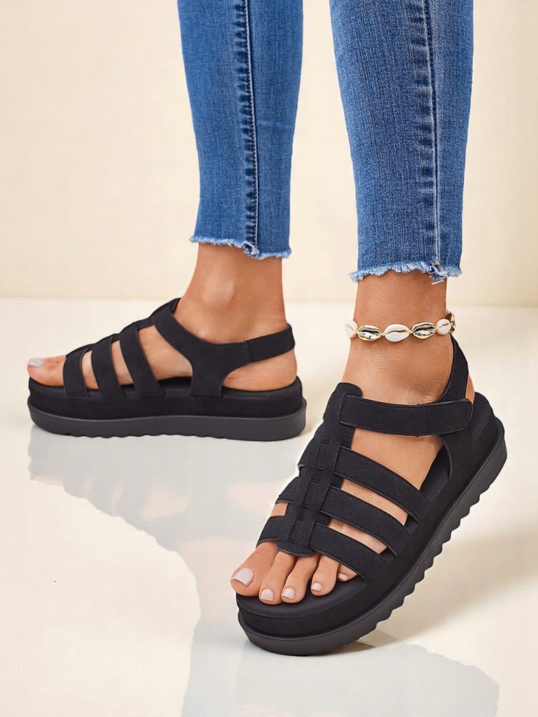 Damen Sandalen Heraclea Royalfashion auf Plateau schwarz aus Öko-Leder
