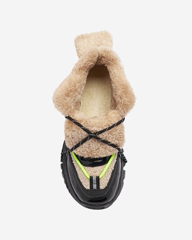 Schwarze Damen-Sportschuhe mit Pelz und neongelben Schnürsenkeln Adbo- Footwear