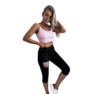 Schwarze 3/4-Denim-Shorts mit Zirkonen - Kleidung