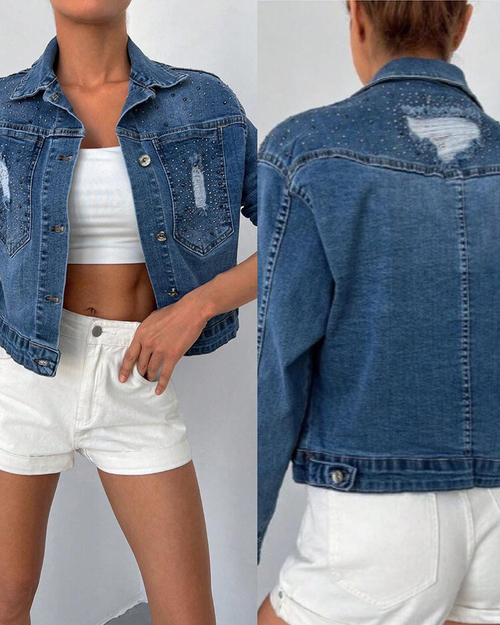 Royalfashion Жіноча джинсова куртка з цирконами