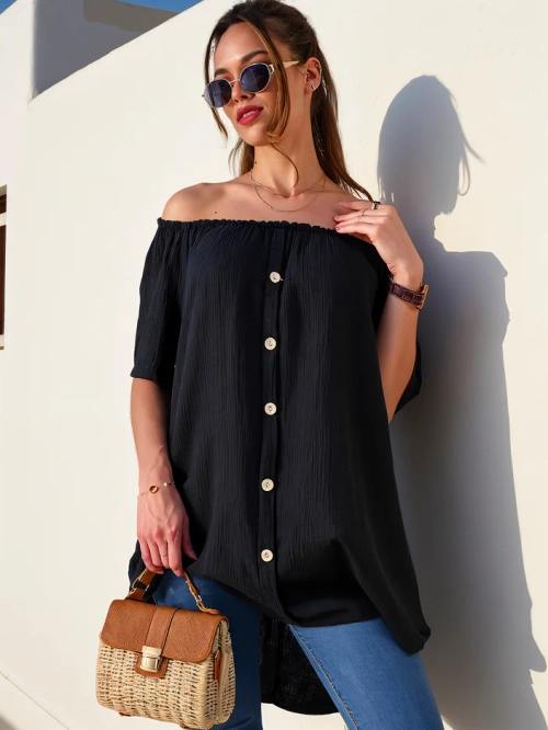 Royalfashion Блуза жіноча з бавовни, натхнена іспанським стилем, з декоративними гудзиками