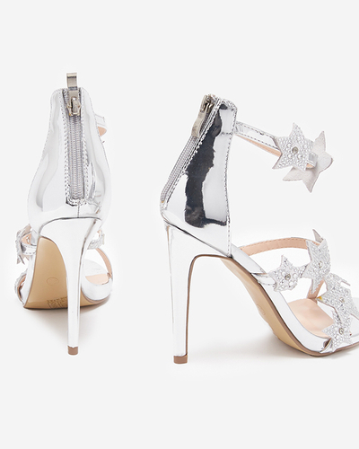 Срібні жіночі босоніжки на високому каблуці із зірочками Starico - Взуття